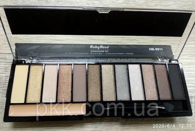 Палетка теней для век с праймером Ruby Rose NUDE Eyeshadow Kit 12 оттенков матовые и перламутровые НВ-991 НВ-9911 фото