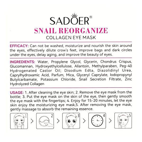 Омолаживающие патчи для кожи вокруг глаз Sadoer Snail Reorganize Collagen Eye Mask SD 93547, 60 штук SD 93547 фото